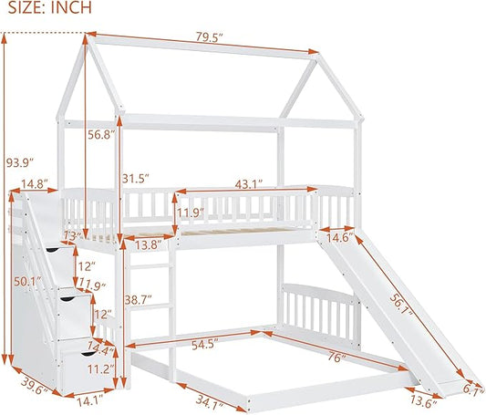 Ball & Cast Twin Over Twin Size House Bunk Bed with Slide and Storage Steps,Wood Bunkbed w/Full-Length Guard Rail & Ladder,Slat Support,Space Saving,Bedroom Furniture for Student Dorms,White