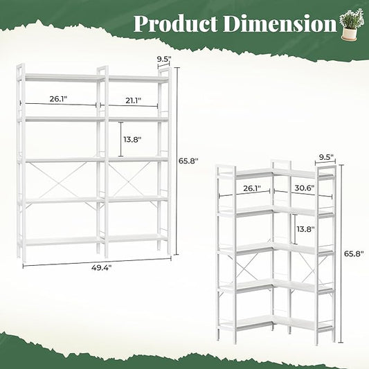 Huuger 5 Tier Bookshelf, L Shaped Corner Bookshelf with 10 Open Shelves, 49.4 Inch Straight Wide Bookcase with Metal Frame and Wooden Board, Adjustable Feet, White
