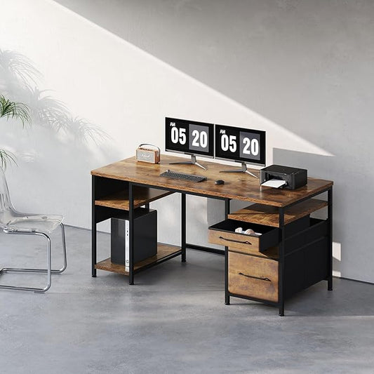 Maihail 59" Computer Desk with 3 Fabric Drawers and Wooden Shelves for Home Office, Study, Bedroom, Work-from-Home Games & Desk, Rustic Brown