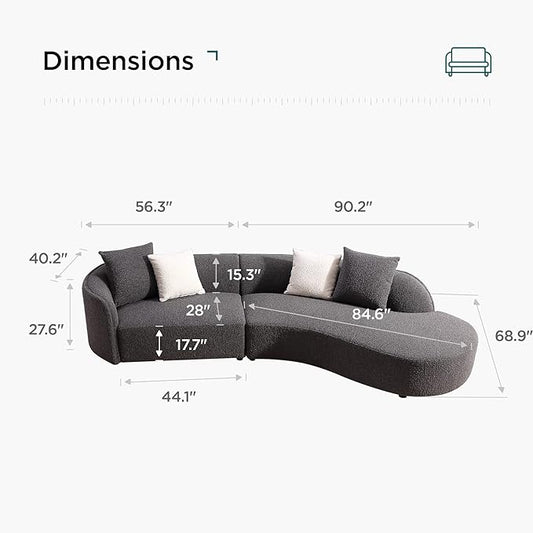 Acanva Luxury Modern Style Living Room Upholstery Curved Sofa with Chaise 2-Piece Set, Right Hand Facing Sectional, Pearl Boucle Couch, Dark Grey