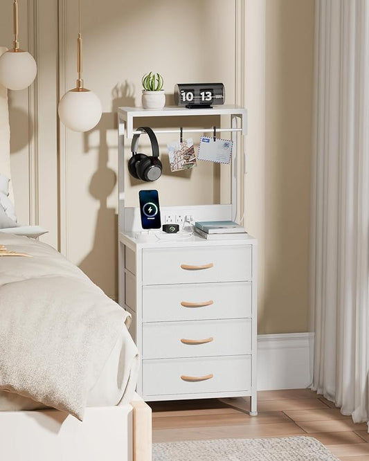 Furnulem Nightstand, White Tall Night Stand with Charging Station and LED Lights, Bedside Table for Bedroom, Office, Hallway, 4 Fabric Drawers, Metal Frame, Wood Shelves