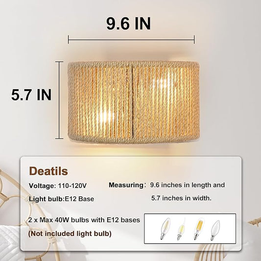 Rattan Wall Sconce Boho Wall Light Fixture Hand Woven Wall Mounted Lamp for Bedside, Staircase, Aisle, Porch, E12 Base D9.7 Inch
