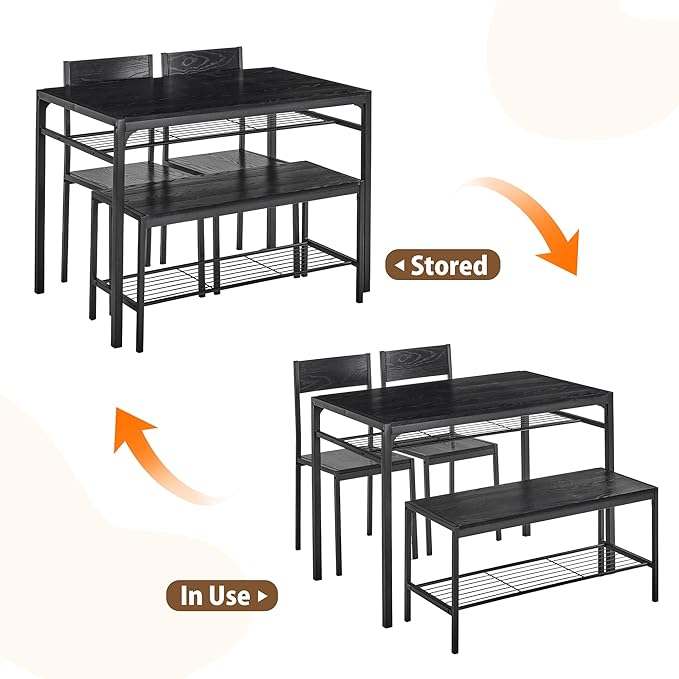VECELO Kitchen Dining Room Table with 2 Chairs & Bench, Compact Space-Saving Design, Easy Assembly Steel Frame, Perfect for Small Apartments & Breakfast Nooks,Industrial