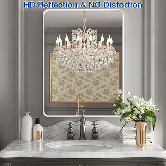 WEER White Bathroom Mirror 24X32 Inch, Rounded Rectangle White Metal Frame Mirror, Matte White Bathroom Vanity Mirror with Tempered Glass, Anti-Rust, Hangs Horizontally or Vertically