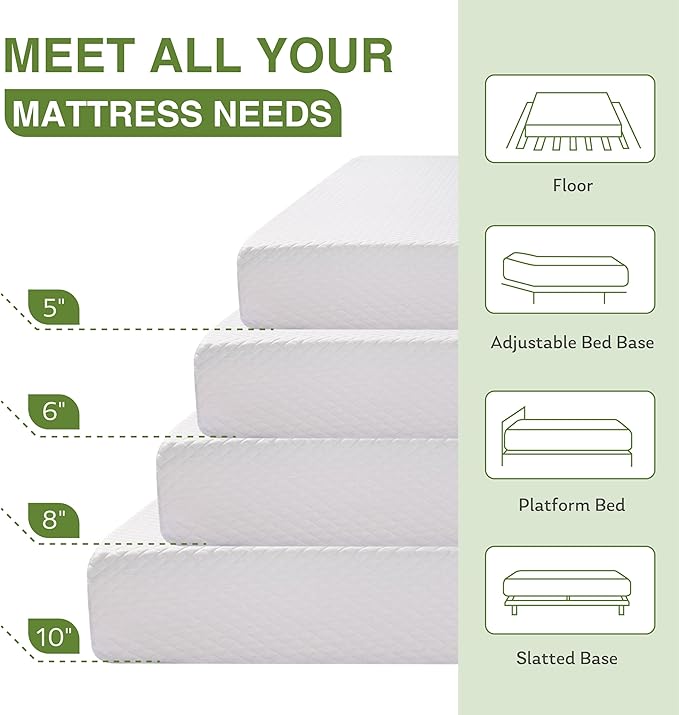 Twin XL Memory Foam Mattress, 6 Inch Bed Mattress in a Box with Cooling Green Tea Gel, Relieve Pressure with Medium Support, CertiPUR-US Certified, 80''L x 38''W, White