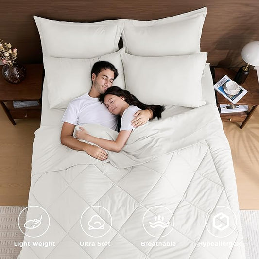 HEVUMYI Ivory Full Comforter Set - 7-Piece All Season Bed in a Bag Full, Ultra Soft Bedding Set with Comforter, Flat Sheet, Fitted Sheet, Pillowcases, Pillow Shams