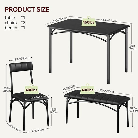 Dining Table Set for 4, Small Dining Table Set with Upholstered Bench and 2 Chairs, Kitchen Table and Chairs for 4, for Small Space, Apartment, Dinner, Rustic Black