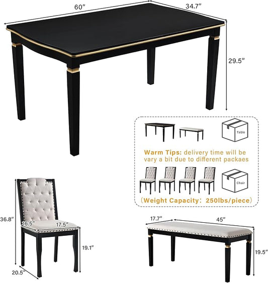 Merax 6-Piece Kitchen Dining Table Set, 62.7" Rectangular with 4 High-Back Tufted Chairs & 1 Bench for Kitchen Room, Black