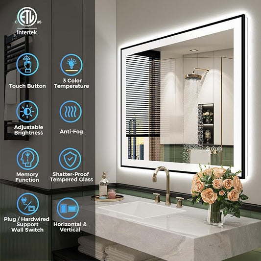 40x30 Inch LED Bathroom Mirror with Lights (Front Lit and Backlit) Black Framed Lighted Vanity Mirror for Bathroom Wall Dimmable Anti-Fog Memory Tempered Glass Horizontal/Vertical