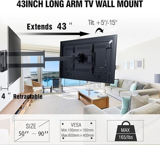 FORGING MOUNT Heavy Duty Long Arm TV Mount,Full Motion TV Mounts Bracket 43 inch Extension Dual Articulating Arm, Fits 50-90 Inch Flat/Curve TVs, Holds up to 198 lbs, VESA600x400mm
