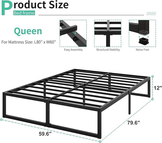 12 Inch Bed Frame Queen Size Heavy Duty Steel Slat Support Metal Platform Queen Bed Frame No Box Spring Needed, Easy Assembly, Black