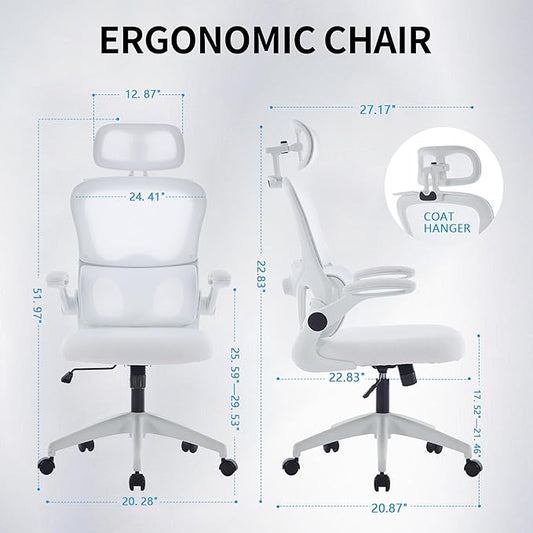 Ergonomic Mesh Office Chair, 400 lbs Capacity, High Back Desk Chair with Adjustable Lumbar Support, 3D Headrest, Flip-Up Armrests, and PU Wheels for Long Workdays and Home Office (White)