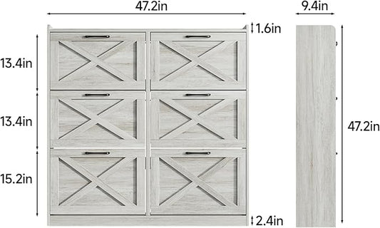 Maupvit Large Shoe Storage Cabinet with 6 Flip Drawers, Freestanding Shoe Organizer with Metal Handles for Entryway, Narrow Shoe Rack Cabinet, Beige