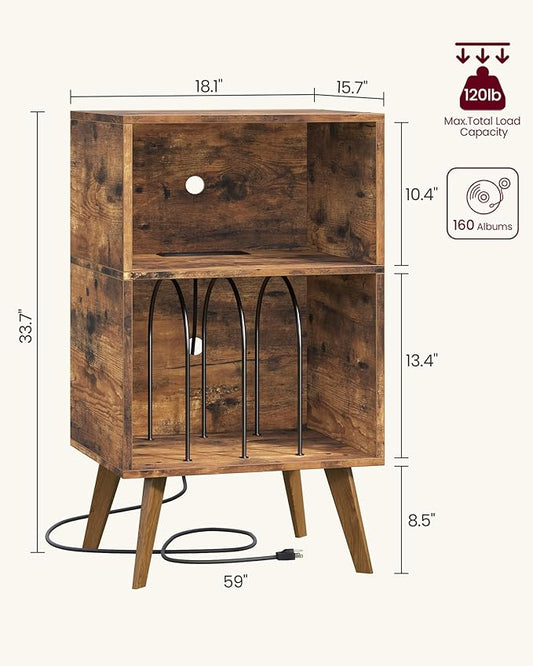 Record Player Stand, 3-Tier Side End Table with Charging Station, Turntable Stand Up to 160 Albums, Vinyl Storage Cabinet Dispaly Shelf for Living Room, Brown