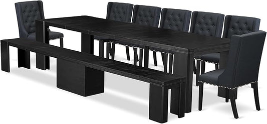 X07FO-B06-24 - 9-piece Dining Room Table Set a Rectangular Dining Table and a wooden Bench and 7 Black Linen Fabric Kitchen Chair, 39x120 Inch, Wire Brushed Black