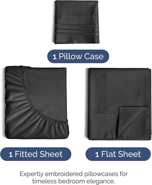 Twin XL Size 3 Piece Sheet Set - Comfy Breathable & Cooling Bed Sheets Set - Hotel Luxury Bedding for Women, Men, Kids, Teens, Boys & Girls - Deep Pockets, Ultra-Soft, Wrinkle Free - Oeko-Tex - Black