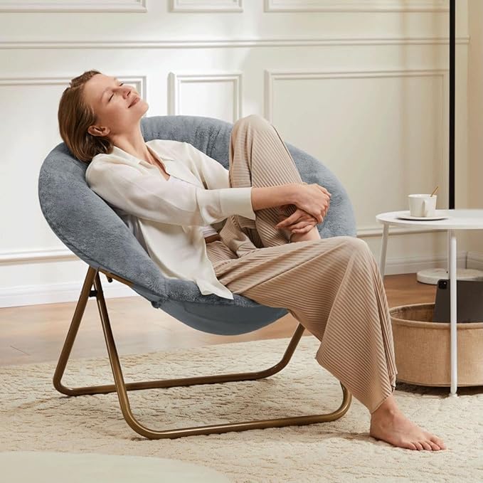 Comfortable Cozy Faux Fur Disc Chair Foldable Feature for Bedroom, Living Room and Dorm, Adult-Sized Relaxation, Grey