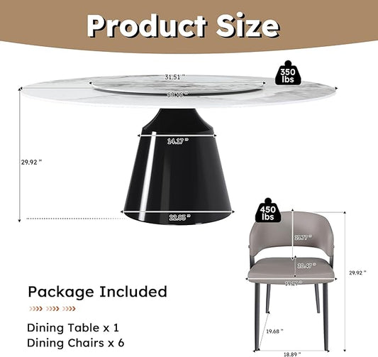 Ball & Cast 7-Piece Dining Set,Faux Marble Table with Detachable Rotating Tray & 6 PU Leather Chairs,Modern Kitchen Dining Room Table Set w/Stainless Steel Base,for Restaurant & Home,Grey