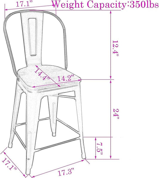 Changjie Furniture 24 Inches Metal Barstools Set of 4 Counter Height Bar Stools Industrial Stools with Backs High Back Chairs for Kitchen Island (24 Inch, Rusty)