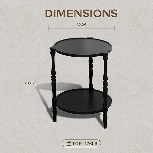 Accent Wood End Table, 2-Tier Round Bedside Table, Natural Side Table Nightstand for Family, Bedroom, Living Room, Handcrafted Finish, Black
