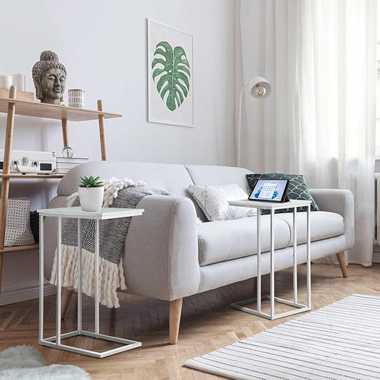 C Shaped End Table Set of 2 for Sofa and Bed, Slide Under Couch Tables, Side Table With Faux Marble Top, Small Under Table Tray for Living Room, Bedroom, White