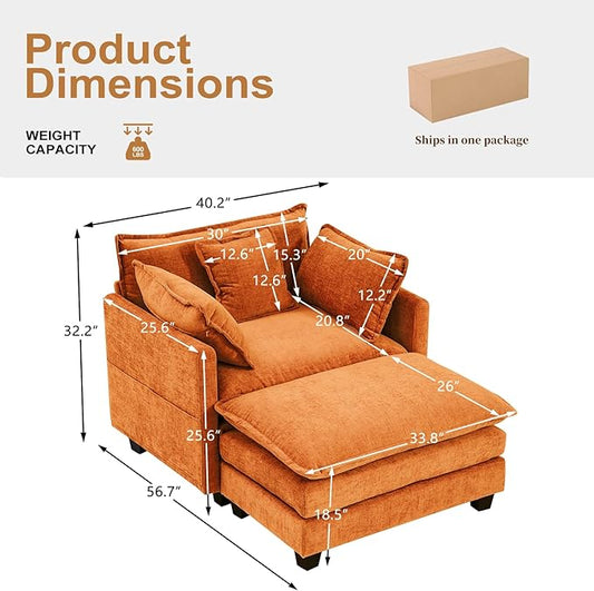 Furniliving Oversized Accent Chair with Ottoman, Luxury Chenille Single Sofa, Upholstered Deep Seat Chaise Lounge with Pillows for Living Room, Bedroom, Apartment, Orange