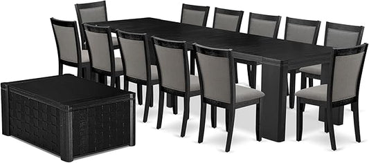 X12MZ-0C6-50 - 14-Pc Dining Room Table Set a Rectangular Table with a coffee table and 12 Dark Gotham Grey Linen Fabric Dining Chair, 39x120 Inch, Wire Brushed Black