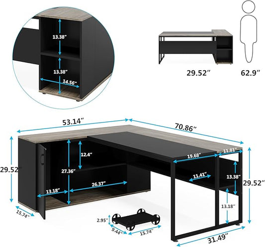 Tribesigns 71 inch Executive Desk, L Shaped Desk with Cabinet Storage, Executive Office Table with Shelves, Business Furniture Set Workstation for Home Office, Gray