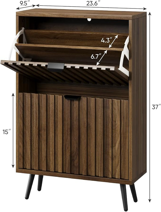 Smuxee Shoe Cabinet with 2 Flip Drawers, 23.6" Walnut Hidden Shoe Storage Cabinet with Fluted Design, Freestanding Shoe Organizer Cabinet for Entryway, Hallway, Closet, Living Room