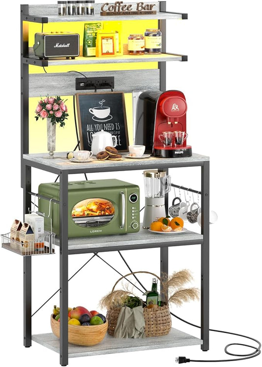 Aheaplus Bakers Rack with Power Outlet, Microwave Stand, 5 Tiers Coffee Bar Station with Led Lights, Kitchen Storage Shelf with 6 S-Shaped Hooks, Kitchen Rack for Spices, Pots and Pans, White Oak