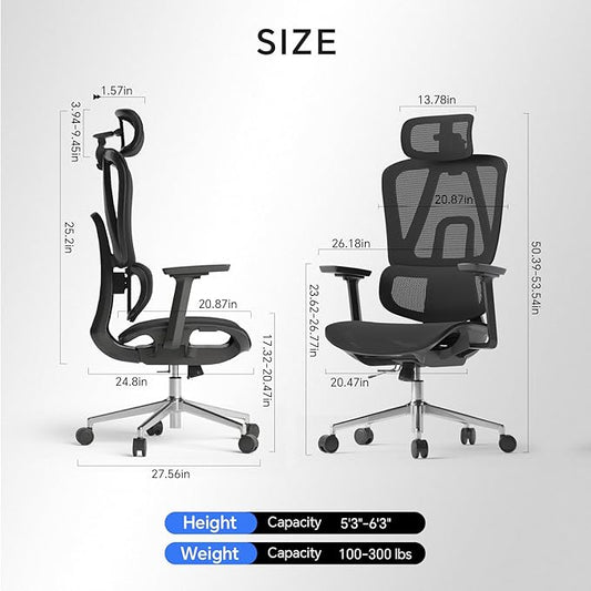Ergonomic Office Chair with 3D Lumbar Support/Headrest/Armrest/, Mesh Executive Office Chair with Seat Depth & Height Adjustment, Big and Tall Desk Chair with 3-Gear Lock Recline for Long Hours