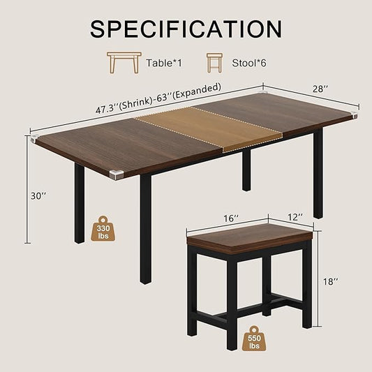 7-Piece Dining Table Set, 63" Extendable Kitchen Room Table with 6 Stools, Mid Century Modern Dinner Table with Metal Frame & MDF Board, Space-Saving, Easy Assembly, Walnut
