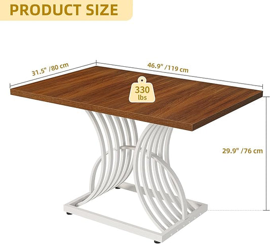 DWVO Modern Dining Table for 4 People 47 Inch Rectangular Kitchen Table with Walnut Tabletop and White Geometric Legs Small Dinner Table Kitchen & Dining Room Furniture Brown