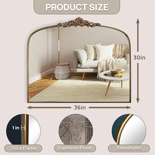 Vintage Gold Arched Wall Mirror 36"x30" – Ornate Baroque Style Antique Brass Frame, Decorative Large Mirror for Entryway, Living Room, Fireplace, Hallway, Bathroom
