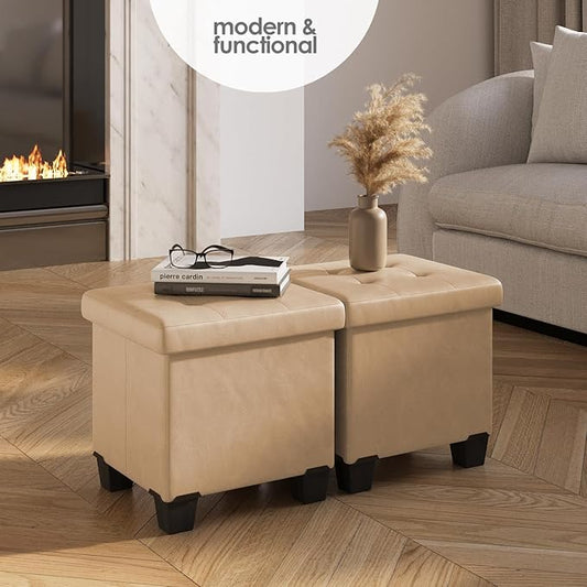 STORAGEBUD Storage Ottoman Cube with Small Bin, 16-in Square Ottoman with Storage for Living Room and Bedroom, Small Ottomans Foot Rest, Faux Leather Foot Stools Ottomans Max 330lbs, Taupe