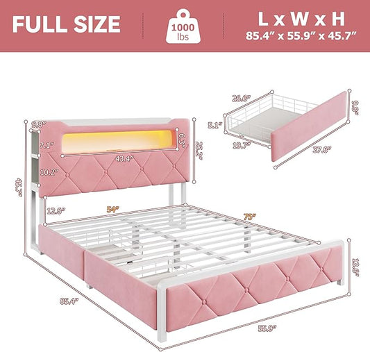 Full Upholstered LED Bed Frame with 2 Storage Drawers and 2-Tier Storage Headboard, Velvet Princess Platform Bed with Charging Station & Bookcase, Heavy Duty Metal Support, No Box Spring Needed, Pink