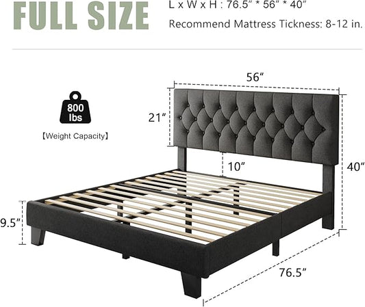 Feonase Full Size Platform Bed Frame with Button Tufted Headboard, Upholstered Linen Bed with Wooden Slats Support, No Box Spring Needed, Easy Assembly, Noise-Free, Dark Grey