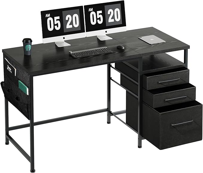 Maihail Maihail Small Desk with Drawers, 47 inch Computer Desk with Shelves, Writing Desk with Storage, Small Office Desk with Metal Frame, Black