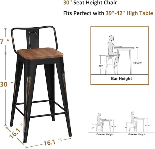 WENTMENT Bar Stools Set of 4 Counter Height Bar Stools Metal Barstools with Removable Back 30" Kitchen Bar Stools with Wooden Seat, Distressed Black