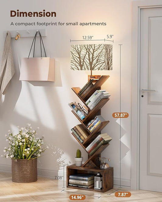 Tree Bookshelf with Light, 6 Tier Small Bookcase, Narrow Floor Standing Book Tower Organizer with Storage Cabinet for Living Room, Bedroom and Home Office, Rustic Brown