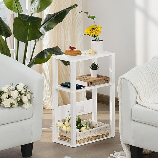 3-Tier Small Narrow Wood Side Table Set of 2 with Charging Station - Skinny Nightstand for Small Spaces, Slim Bedside Table with USB Ports and Outlets - Thin End Table with Storage, White