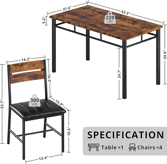 IRONCK Dining Table Set for 4, Wood Kitchen Table with Upholstered Chairs for Kitchen Room and Small Spaces, Rustic Brown