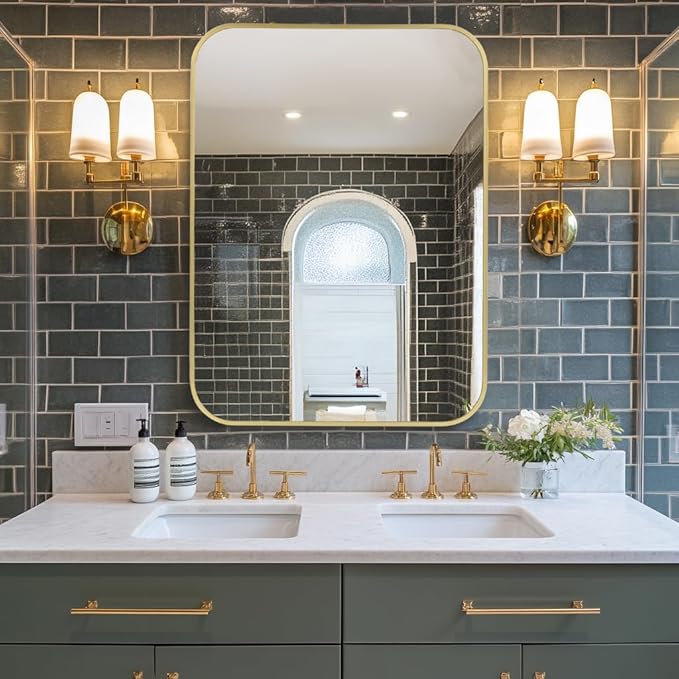 MZON 16x20 Inch Brushed Gold Vanity Mirror, Rectangle Bathroom Mirrors for Over Sink, Anti-Rust Frame & Tempered Glass, Hangs Horizontally/Vertically - Ideal for Small Bathroom or Powder Room