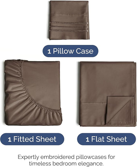 Twin Size 3 Piece Sheet Set - Comfy Breathable & Cooling Bed Sheets Set - Hotel Luxury Bedding for Women, Men, Kids, Teens, Boys & Girls - Deep Pockets, Ultra-Soft and Wrinkle Free - Oeko-Tex - Brown