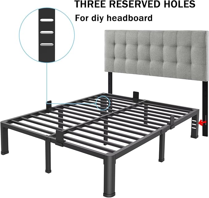 FUIOBYVV 16 Inch Queen Bed Frame with Rounded Corner and Headboard Hole Mattress Retainers 3500 LBS Metal Heavy Duty Steel Slats Support No Box Spring Needed Platform Noise Free Easy Assembly