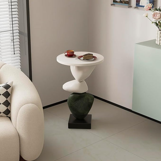 Luxury Coffee Table, Marble Style Side Table with Stacked Pebbles Design, Morden Style Oval Stone End Table for Living Room, Bedroon and Office