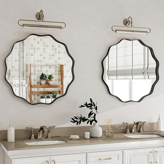 Round Wavy Mirror, 20 Inch Metal Frame Circle Mirror, Round Wall Mounted for Entryway, Bathroom, Vanity, Living Room, Black