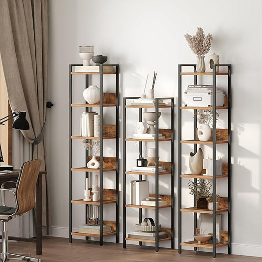 Bookshelf, 6-Tier Bookcase, Standing Book Shelf for Small Space, Storage Shelf Organizer, for Living Room, Bedroom, Study, Balcony, Rustic Brown and Black BKHR6601