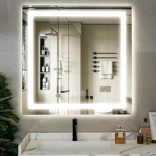 47"x 47" LED Bathroom Mirror, Backlit + Front Lit, LED Bathroom Mirror with Lights for Wall, 3 Colors, Anti-Fog, Dimmable Brightness, Memory Function, Tempered Glass