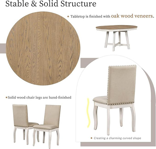 Merax 5-Piece Farmhouse Dining Furniture Set, Wooden Round Extendable Table, and 4 Upholstered Chairs, Antique White